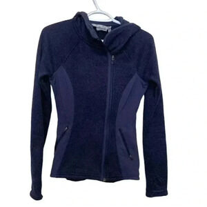 Athleta blue, zip  up, fitted, midweight jacket w holes for thumbs, pockets,hood